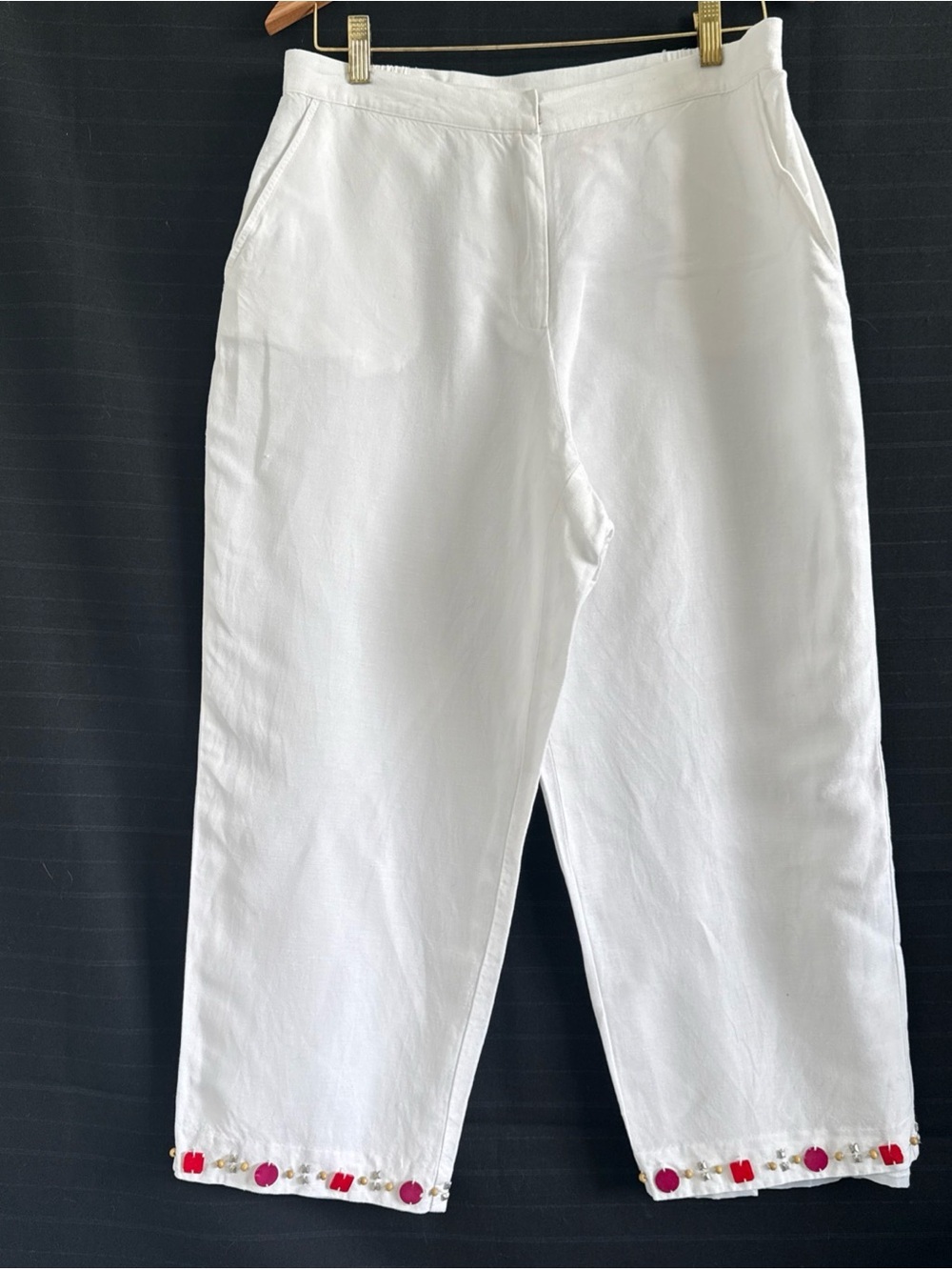 Ruby Rd White Cropped Capri Pants w/ Red Beaded Edge Fully Lined 12 Linen Blend